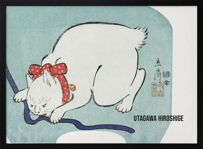A Japanese woodblock print by Utagawa Hiroshige featuring a white cat with a fierce expression. The cat is wearing a red polka-dot collar with a large bow and a small bell, playfully biting a dark blue cord against a light blue background. Wall Art