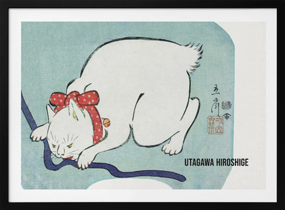 A Japanese woodblock print by Utagawa Hiroshige featuring a white cat with a fierce expression. The cat is wearing a red polka-dot collar with a large bow and a small bell, playfully biting a dark blue cord against a light blue background. Wall Art
