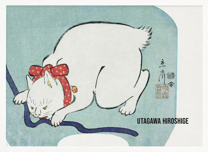 A Japanese woodblock print by Utagawa Hiroshige featuring a white cat with a fierce expression. The cat is wearing a red polka-dot collar with a large bow and a small bell, playfully biting a dark blue cord against a light blue background. Wall Art