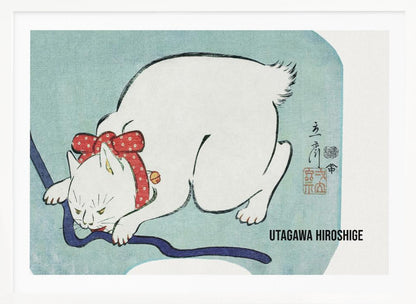 A Japanese woodblock print by Utagawa Hiroshige featuring a white cat with a fierce expression. The cat is wearing a red polka-dot collar with a large bow and a small bell, playfully biting a dark blue cord against a light blue background. Wall Art