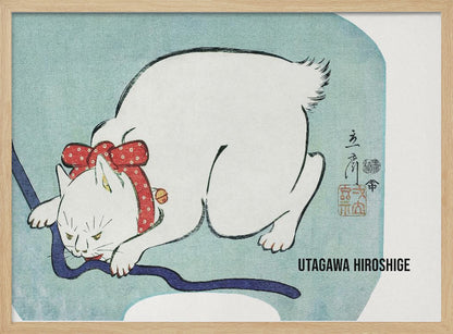 A Japanese woodblock print by Utagawa Hiroshige featuring a white cat with a fierce expression. The cat is wearing a red polka-dot collar with a large bow and a small bell, playfully biting a dark blue cord against a light blue background. Wall Art