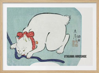 A Japanese woodblock print by Utagawa Hiroshige featuring a white cat with a fierce expression. The cat is wearing a red polka-dot collar with a large bow and a small bell, playfully biting a dark blue cord against a light blue background. Wall Art