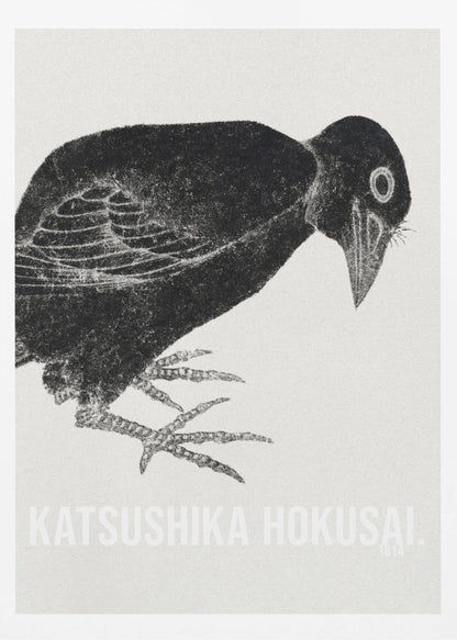 A black and white Japanese woodblock print by Katsushika Hokusai from 1814. The artwork features a stylized black crow with a textured, inky appearance, bending its head down against a light, grainy background. The piece is framed in black. Decor
