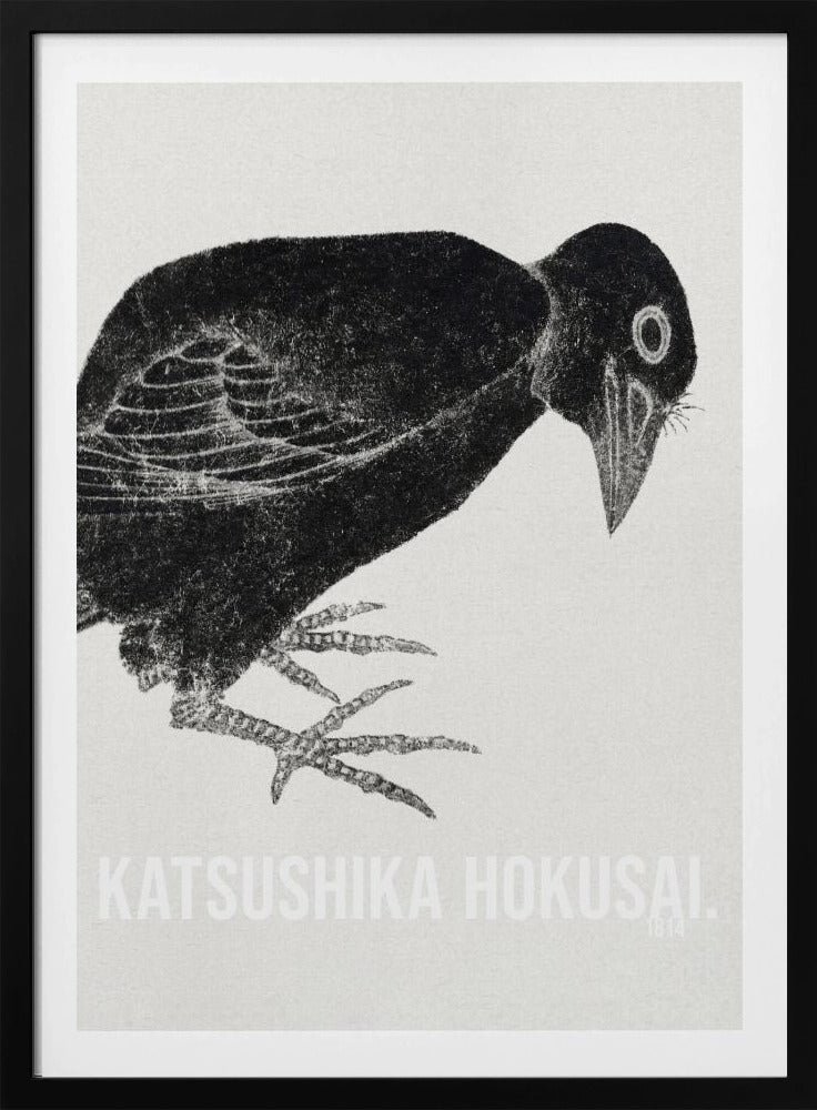 A black and white Japanese woodblock print by Katsushika Hokusai from 1814. The artwork features a stylized black crow with a textured, inky appearance, bending its head down against a light, grainy background. The piece is framed in black. Decor