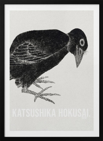 A black and white Japanese woodblock print by Katsushika Hokusai from 1814. The artwork features a stylized black crow with a textured, inky appearance, bending its head down against a light, grainy background. The piece is framed in black. Decor
