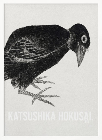 A black and white Japanese woodblock print by Katsushika Hokusai from 1814. The artwork features a stylized black crow with a textured, inky appearance, bending its head down against a light, grainy background. The piece is framed in black. Decor