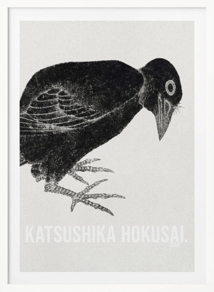 A black and white Japanese woodblock print by Katsushika Hokusai from 1814. The artwork features a stylized black crow with a textured, inky appearance, bending its head down against a light, grainy background. The piece is framed in black. Decor
