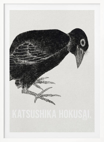 A black and white Japanese woodblock print by Katsushika Hokusai from 1814. The artwork features a stylized black crow with a textured, inky appearance, bending its head down against a light, grainy background. The piece is framed in black. Decor