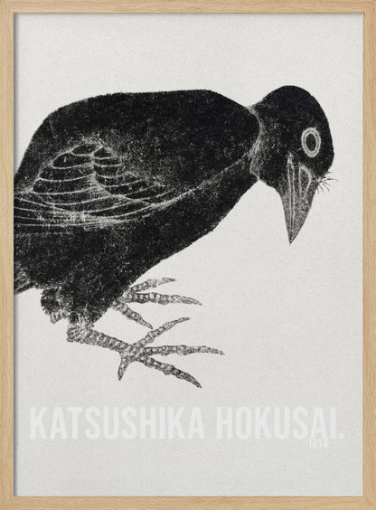 A black and white Japanese woodblock print by Katsushika Hokusai from 1814. The artwork features a stylized black crow with a textured, inky appearance, bending its head down against a light, grainy background. The piece is framed in black. Decor