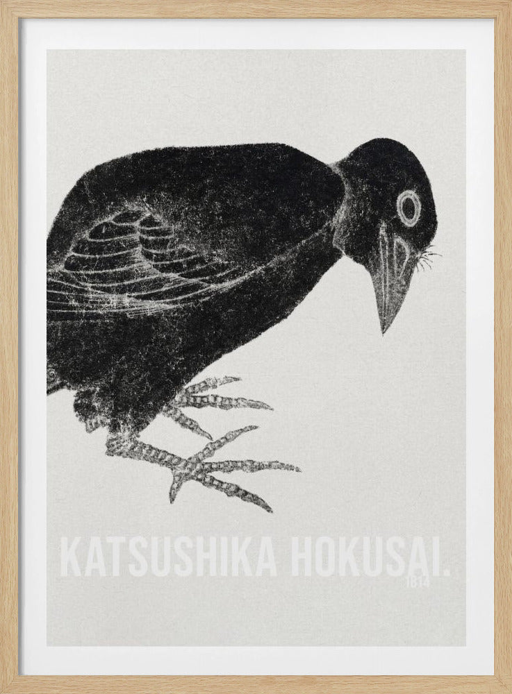 A black and white Japanese woodblock print by Katsushika Hokusai from 1814. The artwork features a stylized black crow with a textured, inky appearance, bending its head down against a light, grainy background. The piece is framed in black. Decor