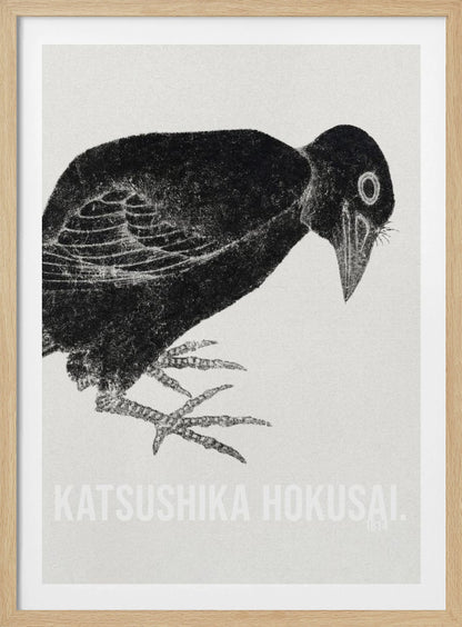 A black and white Japanese woodblock print by Katsushika Hokusai from 1814. The artwork features a stylized black crow with a textured, inky appearance, bending its head down against a light, grainy background. The piece is framed in black. Decor