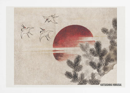 A vintage Japanese Ukiyo-e style painting by Katsushika Hokusai. The artwork features three cranes flying against a large, deep red sun on a textured beige background. In the foreground to the right, dark pine tree branches are depicted in black ink. Decor
