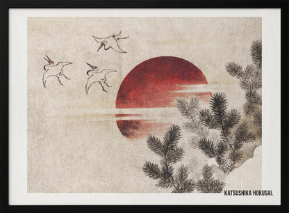 A vintage Japanese Ukiyo-e style painting by Katsushika Hokusai. The artwork features three cranes flying against a large, deep red sun on a textured beige background. In the foreground to the right, dark pine tree branches are depicted in black ink. Decor