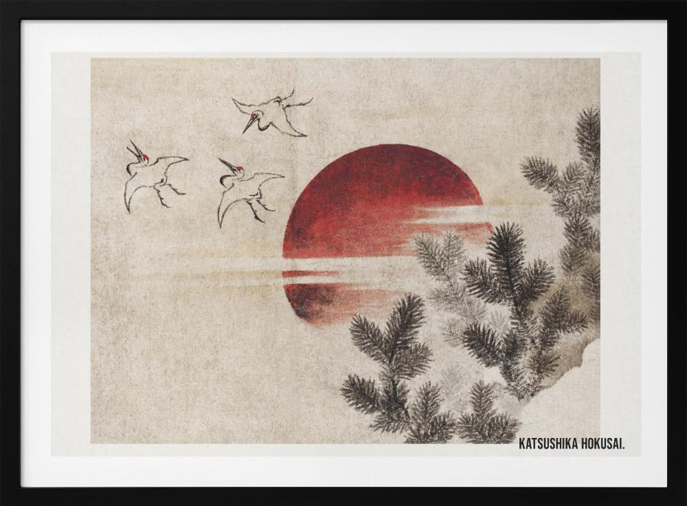 A vintage Japanese Ukiyo-e style painting by Katsushika Hokusai. The artwork features three cranes flying against a large, deep red sun on a textured beige background. In the foreground to the right, dark pine tree branches are depicted in black ink. Decor