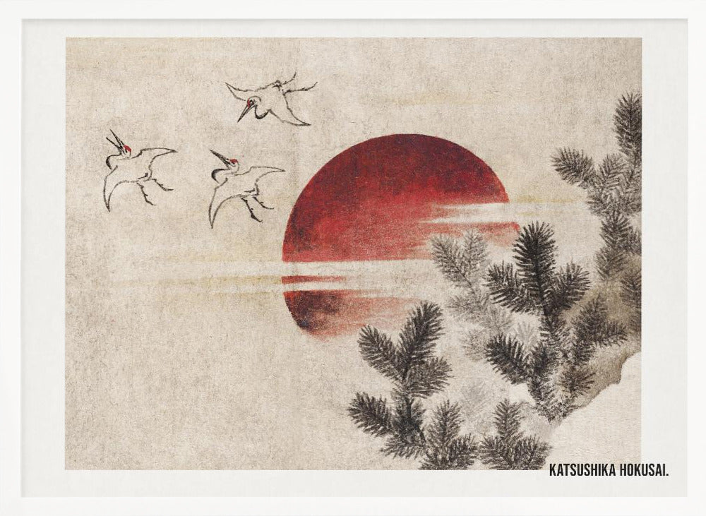 A vintage Japanese Ukiyo-e style painting by Katsushika Hokusai. The artwork features three cranes flying against a large, deep red sun on a textured beige background. In the foreground to the right, dark pine tree branches are depicted in black ink. Decor