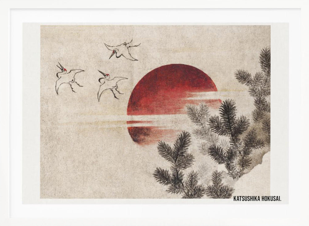 A vintage Japanese Ukiyo-e style painting by Katsushika Hokusai. The artwork features three cranes flying against a large, deep red sun on a textured beige background. In the foreground to the right, dark pine tree branches are depicted in black ink. Decor