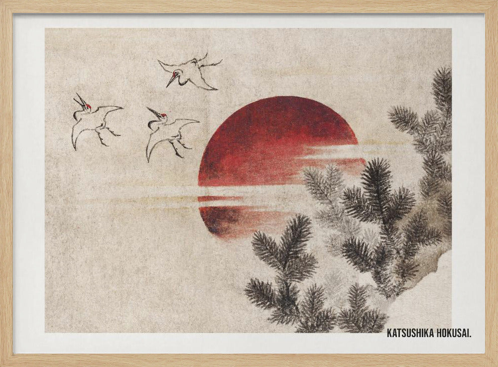 A vintage Japanese Ukiyo-e style painting by Katsushika Hokusai. The artwork features three cranes flying against a large, deep red sun on a textured beige background. In the foreground to the right, dark pine tree branches are depicted in black ink. Decor