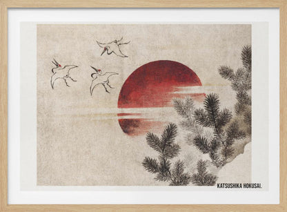 A vintage Japanese Ukiyo-e style painting by Katsushika Hokusai. The artwork features three cranes flying against a large, deep red sun on a textured beige background. In the foreground to the right, dark pine tree branches are depicted in black ink. Decor