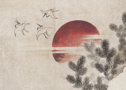 A Japanese-style painting on textured beige paper, featuring a large, vibrant red sun. In the upper left, three cranes are sketched in black ink, flying towards the sun. Dark pine tree branches enter the frame from the right foreground. The entire artwork is displayed within a silver frame. Decor