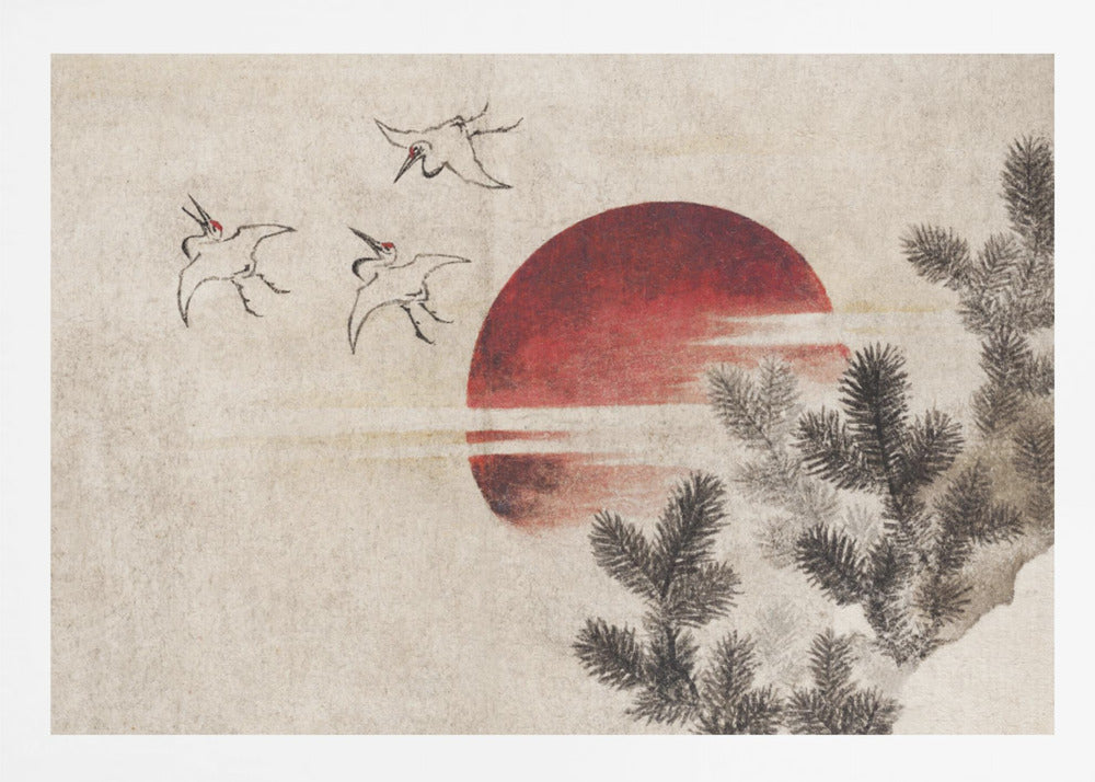 A Japanese-style painting on textured beige paper, featuring a large, vibrant red sun. In the upper left, three cranes are sketched in black ink, flying towards the sun. Dark pine tree branches enter the frame from the right foreground. The entire artwork is displayed within a silver frame. Decor