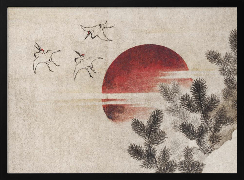 A Japanese-style painting on textured beige paper, featuring a large, vibrant red sun. In the upper left, three cranes are sketched in black ink, flying towards the sun. Dark pine tree branches enter the frame from the right foreground. The entire artwork is displayed within a silver frame. Decor