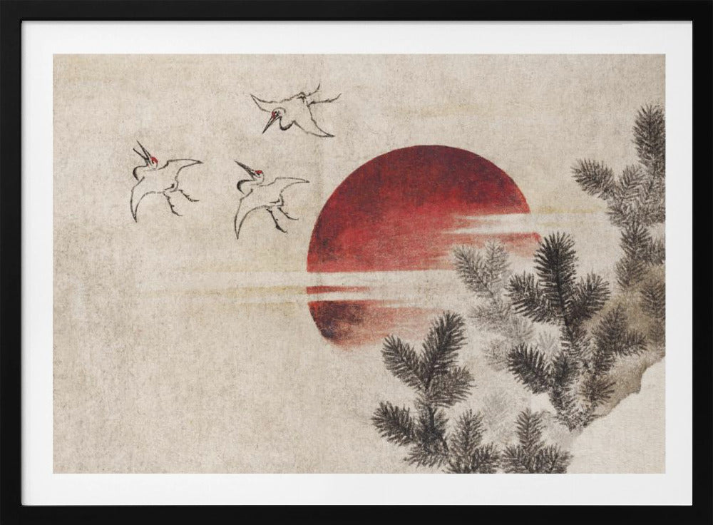 A Japanese-style painting on textured beige paper, featuring a large, vibrant red sun. In the upper left, three cranes are sketched in black ink, flying towards the sun. Dark pine tree branches enter the frame from the right foreground. The entire artwork is displayed within a silver frame. Decor