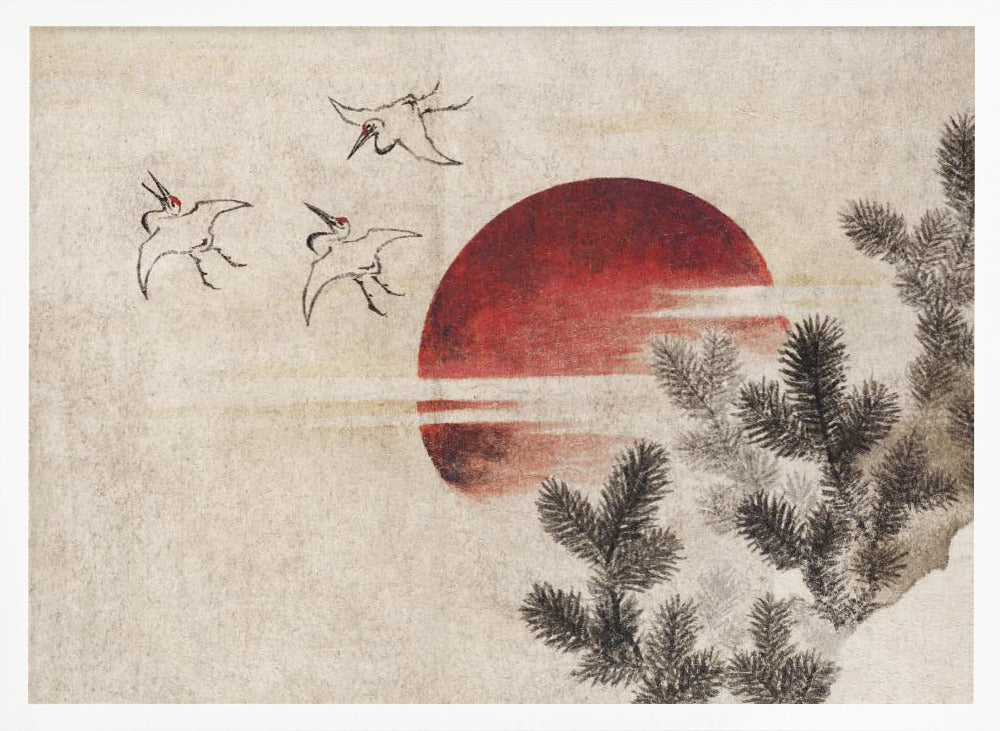 A Japanese-style painting on textured beige paper, featuring a large, vibrant red sun. In the upper left, three cranes are sketched in black ink, flying towards the sun. Dark pine tree branches enter the frame from the right foreground. The entire artwork is displayed within a silver frame. Decor