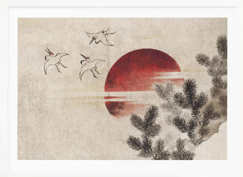 A Japanese-style painting on textured beige paper, featuring a large, vibrant red sun. In the upper left, three cranes are sketched in black ink, flying towards the sun. Dark pine tree branches enter the frame from the right foreground. The entire artwork is displayed within a silver frame. Decor