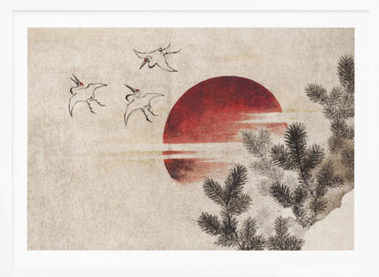 A Japanese-style painting on textured beige paper, featuring a large, vibrant red sun. In the upper left, three cranes are sketched in black ink, flying towards the sun. Dark pine tree branches enter the frame from the right foreground. The entire artwork is displayed within a silver frame. Decor