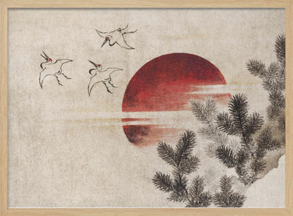 A Japanese-style painting on textured beige paper, featuring a large, vibrant red sun. In the upper left, three cranes are sketched in black ink, flying towards the sun. Dark pine tree branches enter the frame from the right foreground. The entire artwork is displayed within a silver frame. Decor