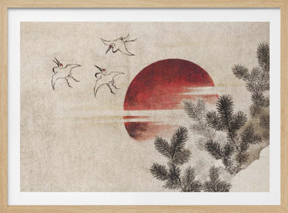 A Japanese-style painting on textured beige paper, featuring a large, vibrant red sun. In the upper left, three cranes are sketched in black ink, flying towards the sun. Dark pine tree branches enter the frame from the right foreground. The entire artwork is displayed within a silver frame. Decor