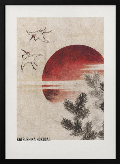 A vertical Japanese Ukiyo-e style artwork by Katsushika Hokusai featuring a large red sun against a textured cream background. Two ink-drawn cranes fly in the upper left, and dark pine tree branches emerge from the lower right. Print