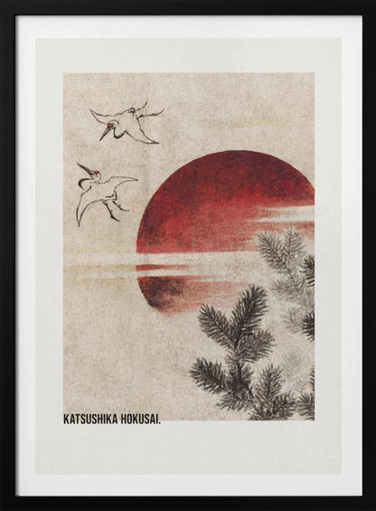 A vertical Japanese Ukiyo-e style artwork by Katsushika Hokusai featuring a large red sun against a textured cream background. Two ink-drawn cranes fly in the upper left, and dark pine tree branches emerge from the lower right. Print