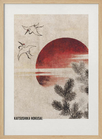 A vertical Japanese Ukiyo-e style artwork by Katsushika Hokusai featuring a large red sun against a textured cream background. Two ink-drawn cranes fly in the upper left, and dark pine tree branches emerge from the lower right. Print