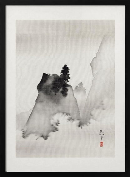 A traditional Asian ink wash painting in a black frame. The vertical artwork depicts a minimalist mountain landscape in black and grey tones on textured paper. A dark, prominent rock formation with a lone pine tree stands in the foreground, surrounded by mist, with fainter mountains in the background. A signature and a red seal are visible in the lower right corner. Artwork