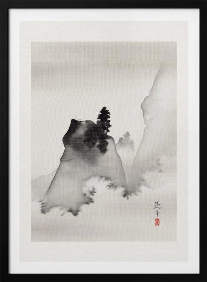 A traditional Asian ink wash painting in a black frame. The vertical artwork depicts a minimalist mountain landscape in black and grey tones on textured paper. A dark, prominent rock formation with a lone pine tree stands in the foreground, surrounded by mist, with fainter mountains in the background. A signature and a red seal are visible in the lower right corner. Artwork
