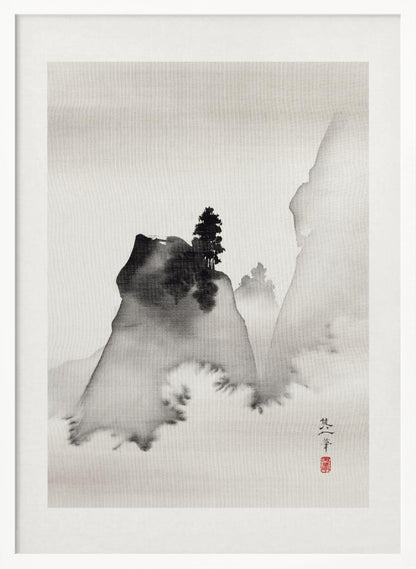 A traditional Asian ink wash painting in a black frame. The vertical artwork depicts a minimalist mountain landscape in black and grey tones on textured paper. A dark, prominent rock formation with a lone pine tree stands in the foreground, surrounded by mist, with fainter mountains in the background. A signature and a red seal are visible in the lower right corner. Artwork