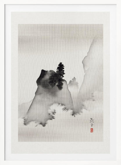 A traditional Asian ink wash painting in a black frame. The vertical artwork depicts a minimalist mountain landscape in black and grey tones on textured paper. A dark, prominent rock formation with a lone pine tree stands in the foreground, surrounded by mist, with fainter mountains in the background. A signature and a red seal are visible in the lower right corner. Artwork