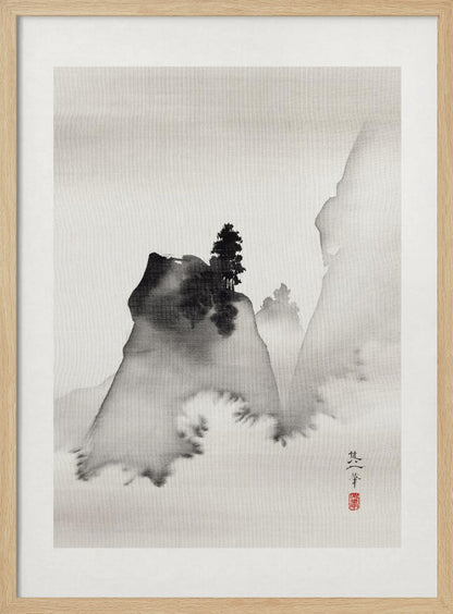 A traditional Asian ink wash painting in a black frame. The vertical artwork depicts a minimalist mountain landscape in black and grey tones on textured paper. A dark, prominent rock formation with a lone pine tree stands in the foreground, surrounded by mist, with fainter mountains in the background. A signature and a red seal are visible in the lower right corner. Artwork