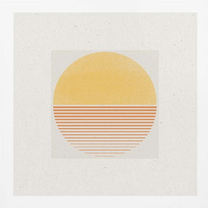 A framed minimalist art print featuring a large circle against an off-white background. The top half of the circle is a solid textured yellow, while the bottom half consists of horizontal orange stripes that gradually become thinner towards the bottom, evoking a stylized sun or sunset. The artwork is surrounded by a wide white mat and a light wood frame. Decor