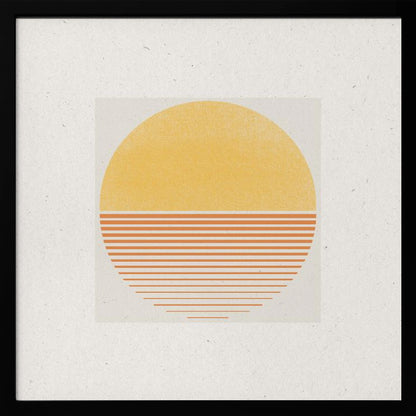 A framed minimalist art print featuring a large circle against an off-white background. The top half of the circle is a solid textured yellow, while the bottom half consists of horizontal orange stripes that gradually become thinner towards the bottom, evoking a stylized sun or sunset. The artwork is surrounded by a wide white mat and a light wood frame. Decor
