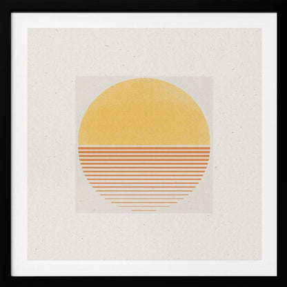 A framed minimalist art print featuring a large circle against an off-white background. The top half of the circle is a solid textured yellow, while the bottom half consists of horizontal orange stripes that gradually become thinner towards the bottom, evoking a stylized sun or sunset. The artwork is surrounded by a wide white mat and a light wood frame. Decor