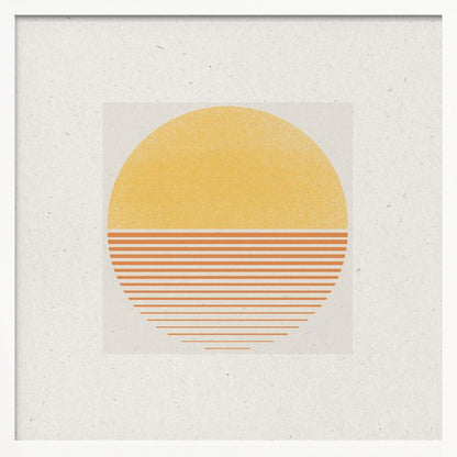 A framed minimalist art print featuring a large circle against an off-white background. The top half of the circle is a solid textured yellow, while the bottom half consists of horizontal orange stripes that gradually become thinner towards the bottom, evoking a stylized sun or sunset. The artwork is surrounded by a wide white mat and a light wood frame. Decor