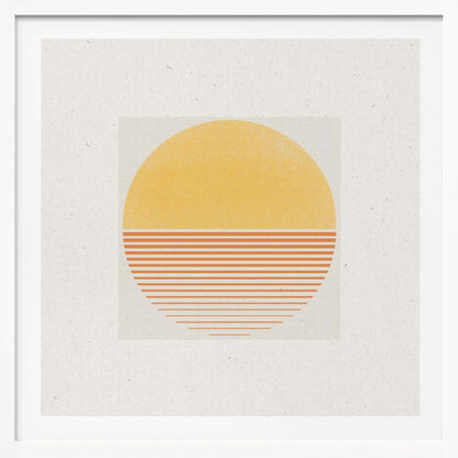 A framed minimalist art print featuring a large circle against an off-white background. The top half of the circle is a solid textured yellow, while the bottom half consists of horizontal orange stripes that gradually become thinner towards the bottom, evoking a stylized sun or sunset. The artwork is surrounded by a wide white mat and a light wood frame. Decor