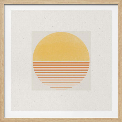 A framed minimalist art print featuring a large circle against an off-white background. The top half of the circle is a solid textured yellow, while the bottom half consists of horizontal orange stripes that gradually become thinner towards the bottom, evoking a stylized sun or sunset. The artwork is surrounded by a wide white mat and a light wood frame. Decor