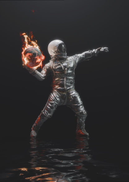 An astronaut in a silver spacesuit stands against a pitch-black background, poised to throw a miniature, burning Earth like a Molotov cocktail. The flames are reflected in the dark, rippling water at the astronaut's feet. Poster