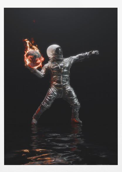 An astronaut in a silver spacesuit stands against a pitch-black background, poised to throw a miniature, burning Earth like a Molotov cocktail. The flames are reflected in the dark, rippling water at the astronaut's feet. Poster