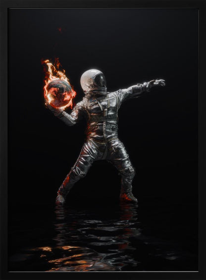 An astronaut in a silver spacesuit stands against a pitch-black background, poised to throw a miniature, burning Earth like a Molotov cocktail. The flames are reflected in the dark, rippling water at the astronaut's feet. Poster