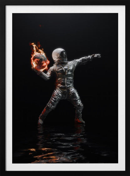 An astronaut in a silver spacesuit stands against a pitch-black background, poised to throw a miniature, burning Earth like a Molotov cocktail. The flames are reflected in the dark, rippling water at the astronaut's feet. Poster