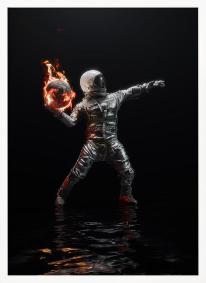 An astronaut in a silver spacesuit stands against a pitch-black background, poised to throw a miniature, burning Earth like a Molotov cocktail. The flames are reflected in the dark, rippling water at the astronaut's feet. Poster